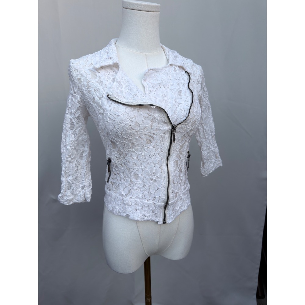 White Lace Moto Jacket Stooshy  XS Indie Sleaze Coquette Grunge Festival